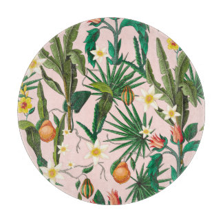 Planche À Découper Feuilles tropicales, fleur, motif de fruits.