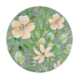 Planche À Découper Feuilles verts, Fleurs roses : Aquarelle.