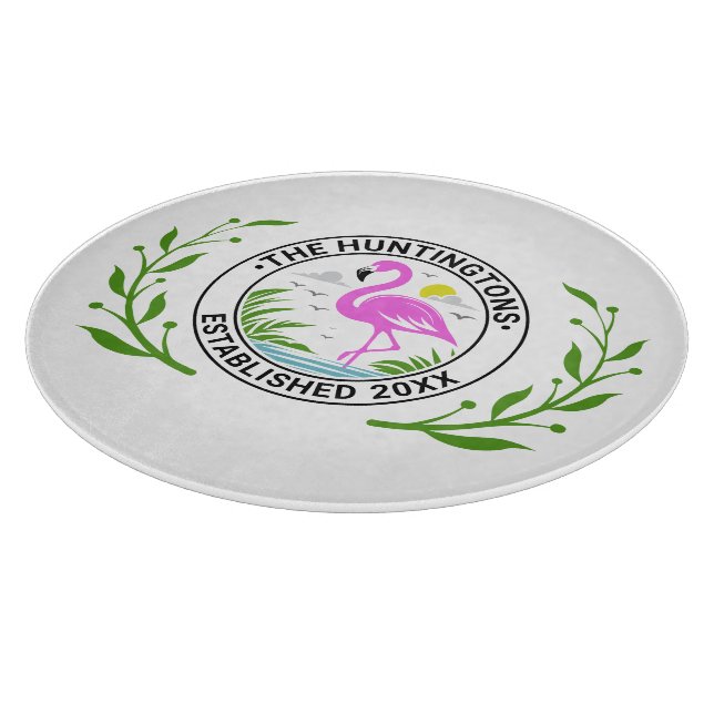 Planche À Découper Flamant rose rose dans l'eau Nom de famille Date E (Coin)