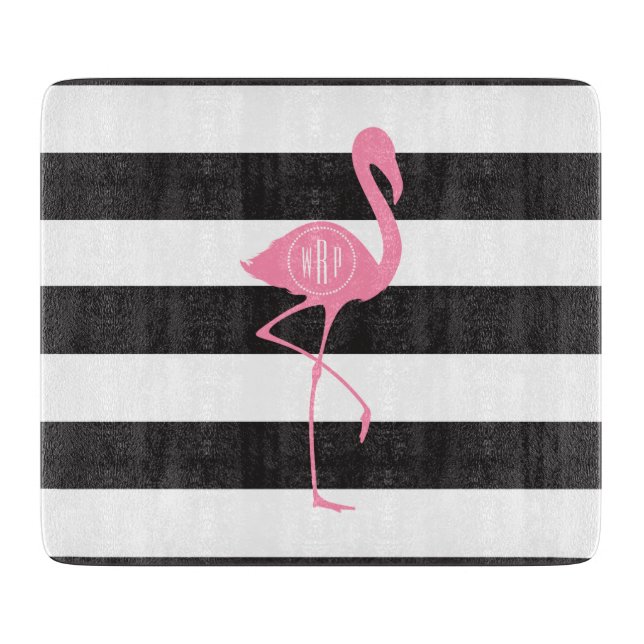 Planche À Découper Flamant rose rose décoré d'un monogramme + Noir + (Devant)