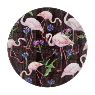 Planche À Découper Flamants d'aquarelle et fleurs sauvages motif.