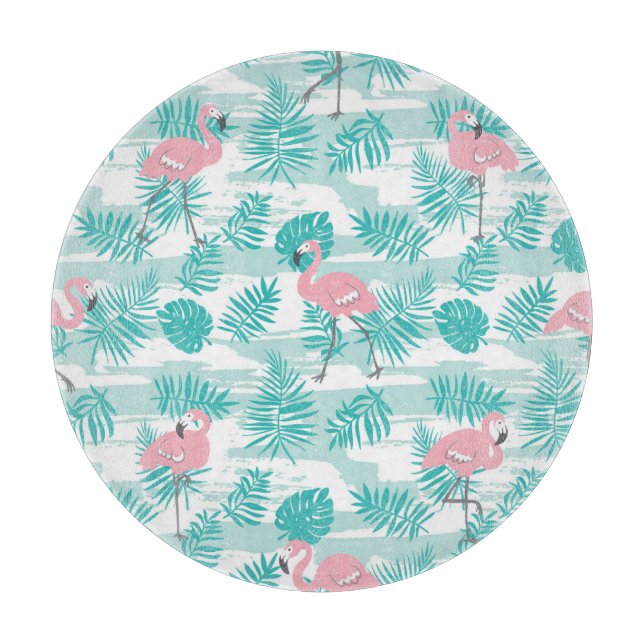 Planche À Découper flamants roses, feuilles de palmiers verts, tropic (Devant)