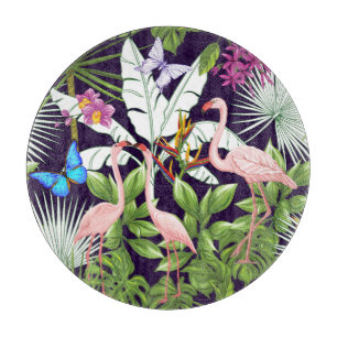 Planche À Découper Flamants roses, plantes tropicaux : motif vintage.