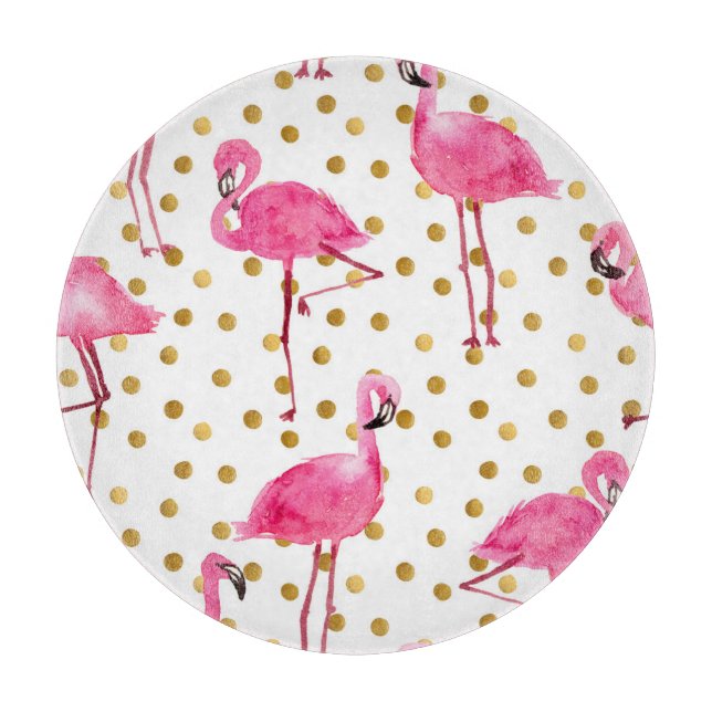Planche À Découper Flamants roses, points dorés, aquarelle. (Devant)