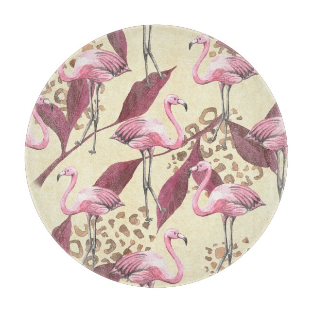 Planche À Découper Flamingo rose tropical, motif léopard. (Devant)