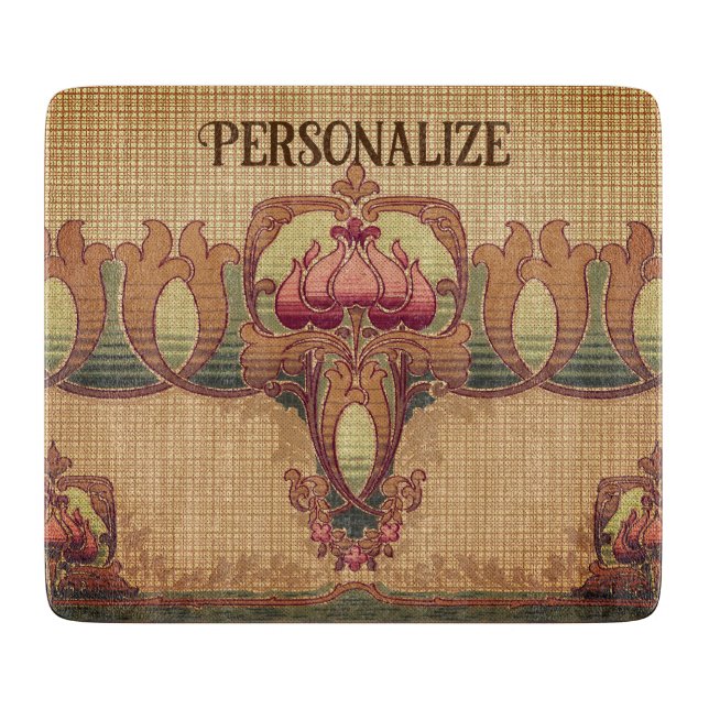 Planche À Découper Fleur abstraite Art nouveau bordeaux rouge vert (Devant)