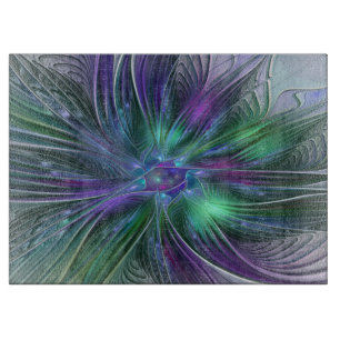 Planche À Découper Fleur Abstraite Moderne Art Fractal Vert Violet