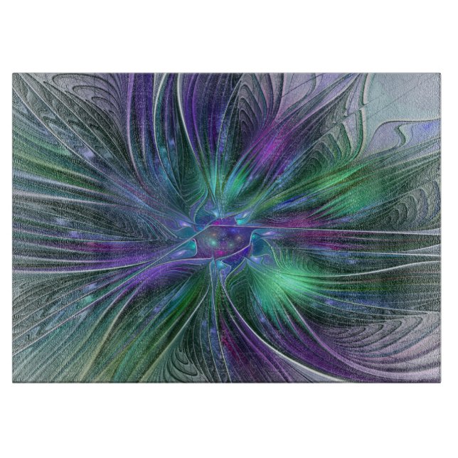 Planche À Découper Fleur Abstraite Moderne Art Fractal Vert Violet (Devant)