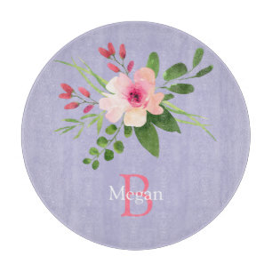 Planche À Découper Fleur aquarelle, nom et monogramme sur lavande