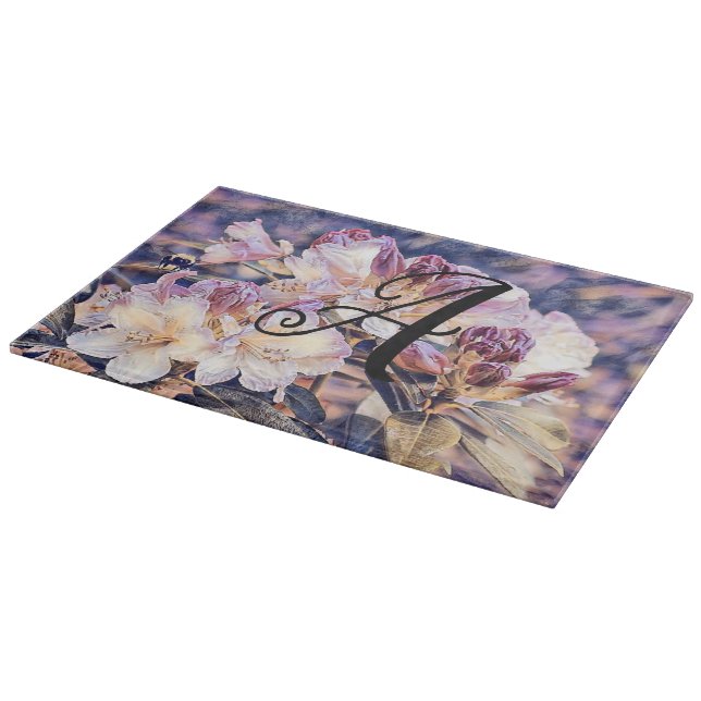 Planche À Découper Fleur d'azalée violette aquarelle monogramme  (Coin)