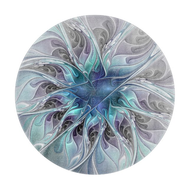 Planche À Découper Fleur de fractale moderne abstraite avec du bleu (Devant)