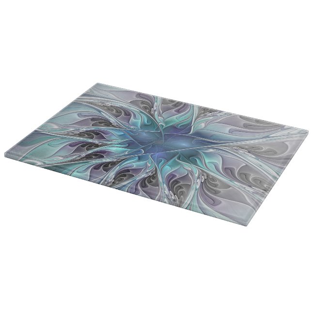 Planche À Découper Fleur de fractale moderne abstraite avec du bleu (Coin)