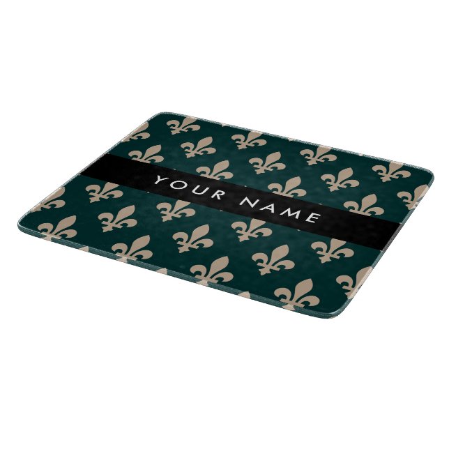 Planche À Découper Fleur de Lis, Beige sur Vert, Royal, Votre Nom (Coin)