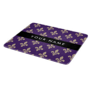Planche À Découper Fleur de Lis, Beige sur Violet, Royal, Votre Nom