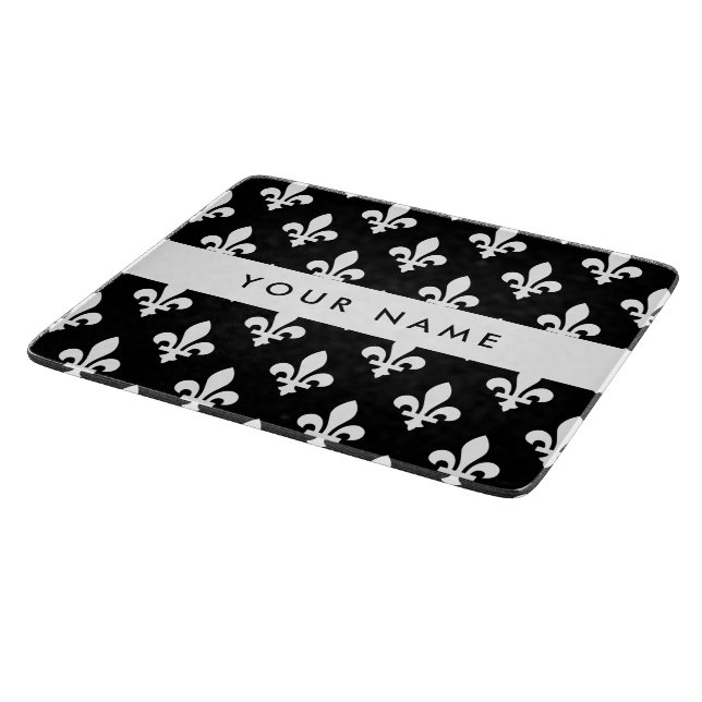 Planche À Découper Fleur de Lis, Blanc sur Noir, Blanc, Votre Nom (Coin)
