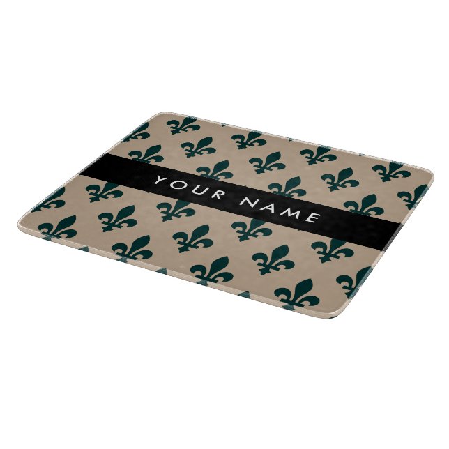 Planche À Découper Fleur de Lis, Vert sur Beige, Royal, Votre Nom (Coin)