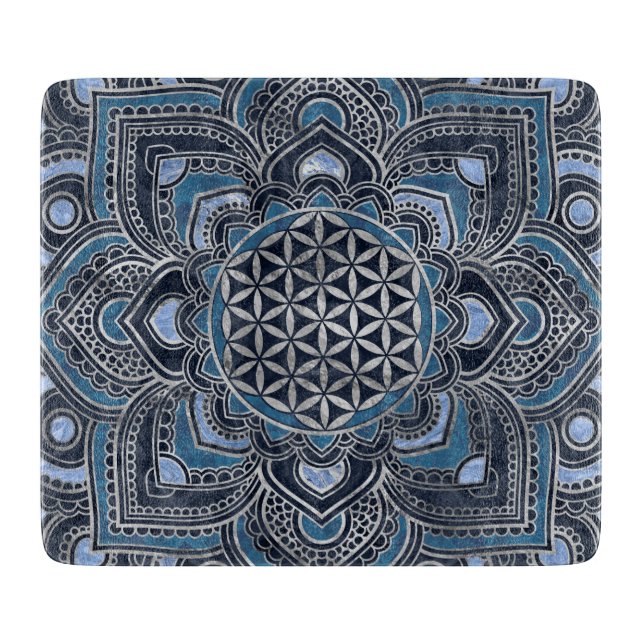 Planche À Découper Fleur de vie à Lotus - Cristal bleu et argent (Devant)