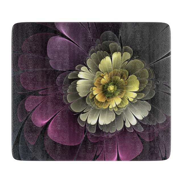 Planche À Découper Fleur fractale grise et pourpre moderne abstraite (Devant)