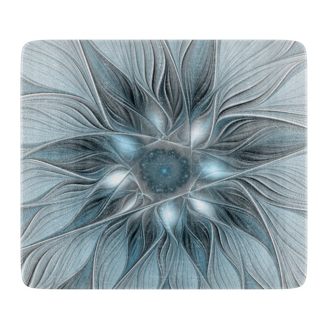 Planche À Découper Fleur joyeuse abstraite fleur bleue grise fractale (Devant)