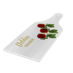 Planche À Découper Fleur rouge et feuilles verts nom personnalisé