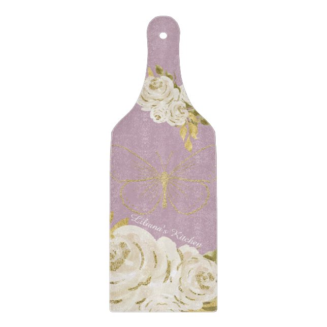 Planche À Découper Fleurs aquarelles papillon cuisine rose B (Devant)
