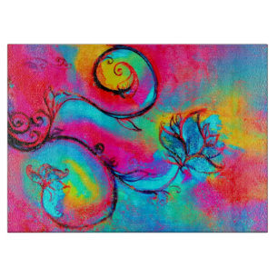 Planche À Découper FLEURS BLANCHES Turquoise Bleu Rose Orange