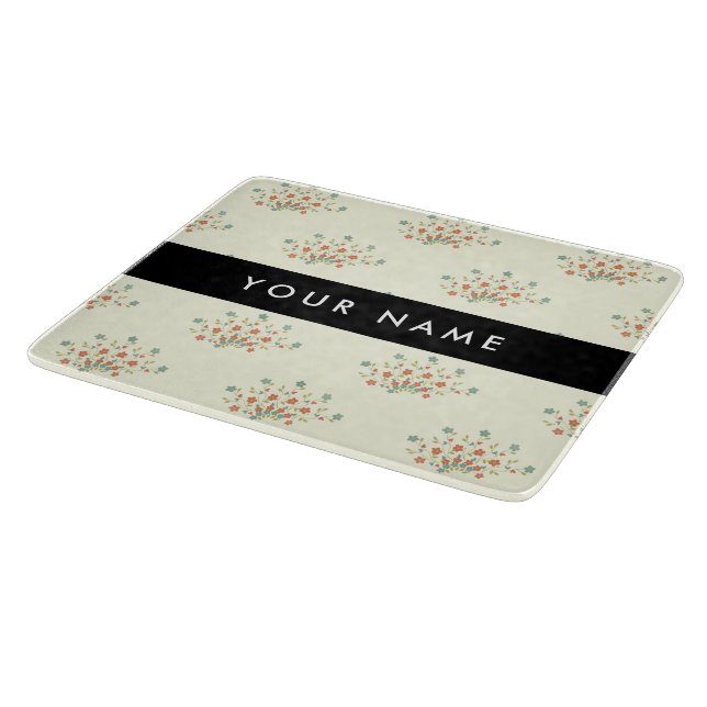 Planche À Découper Fleurs bleues et rouges, noires, votre nom (Coin)