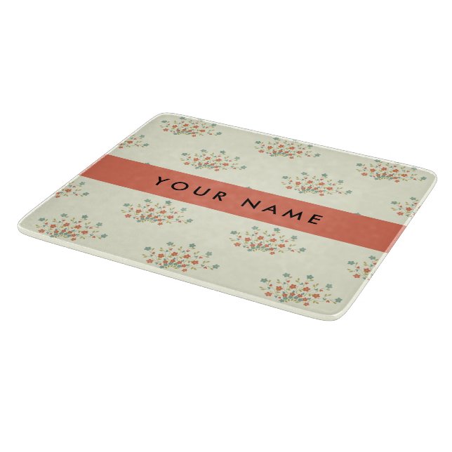 Planche À Découper Fleurs bleues et rouges, rouge, votre nom (Coin)
