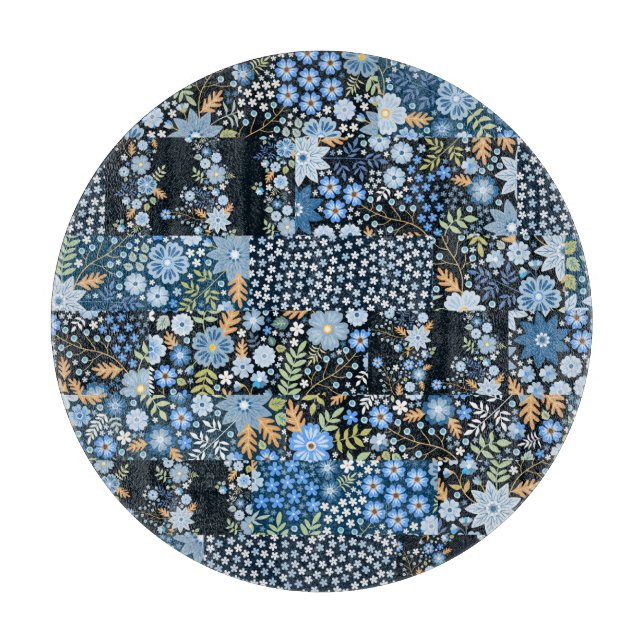 Planche À Découper Fleurs Bleues Patchwork : Tissu sans couture. (Devant)