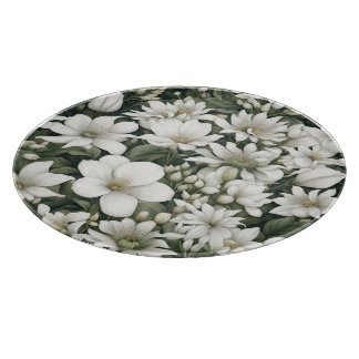 Planche À Découper Fleurs botaniques blanches sur feuilles verts