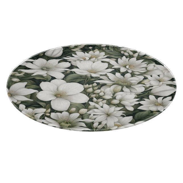 Planche À Découper Fleurs botaniques blanches sur feuilles verts (Coin)