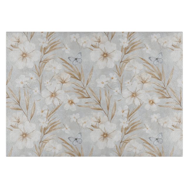 Planche À Découper Fleurs Crème Blanche Papillons Bleus Baby Shower d (Devant)