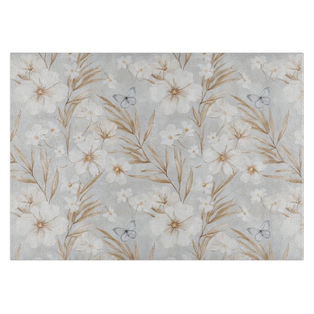 Planche À Découper Fleurs Crème Blanche Papillons Bleus Shower de Mar (Devant)