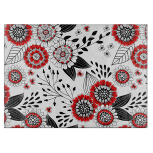Planche À Découper Fleurs de gribouillis et feuilles en rouge et noir