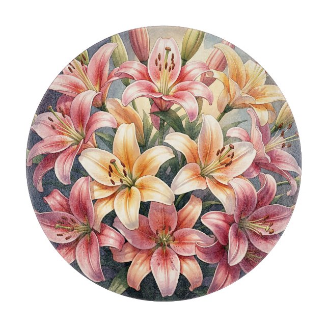 Planche À Découper Fleurs de lys vibrantes rose orange blanc aquarell (Devant)