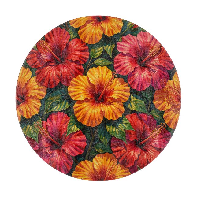 Planche À Découper Fleurs d'Hibiscus Gras Motif de Coucher de Soleil  (Devant)
