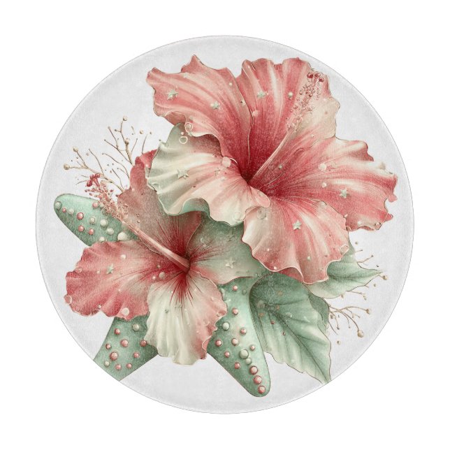 PLANCHE À DÉCOUPER FLEURS D'HIBISCUS ROUGE ET VERT D'ÉTÉ (Devant)