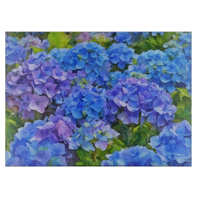 Planche À Découper Fleurs d'Hydrangea Bleu Art Aquarelle Verre (Devant)