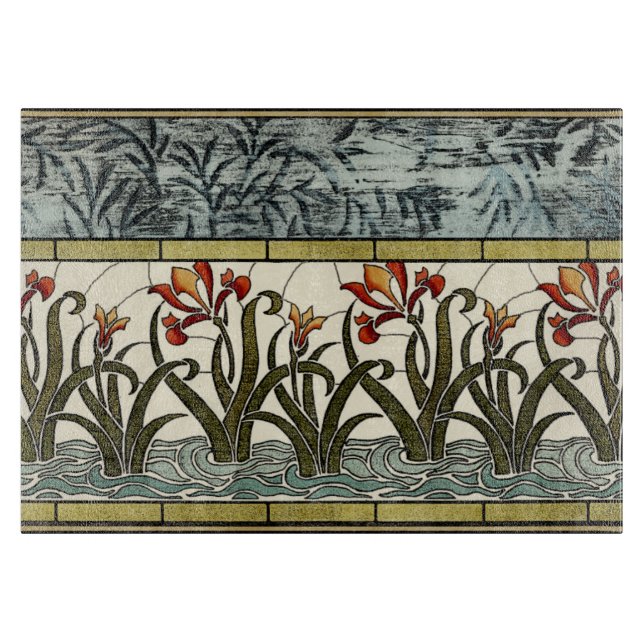 Planche À Découper Fleurs en verre tendu avec bordure en tan (Devant)