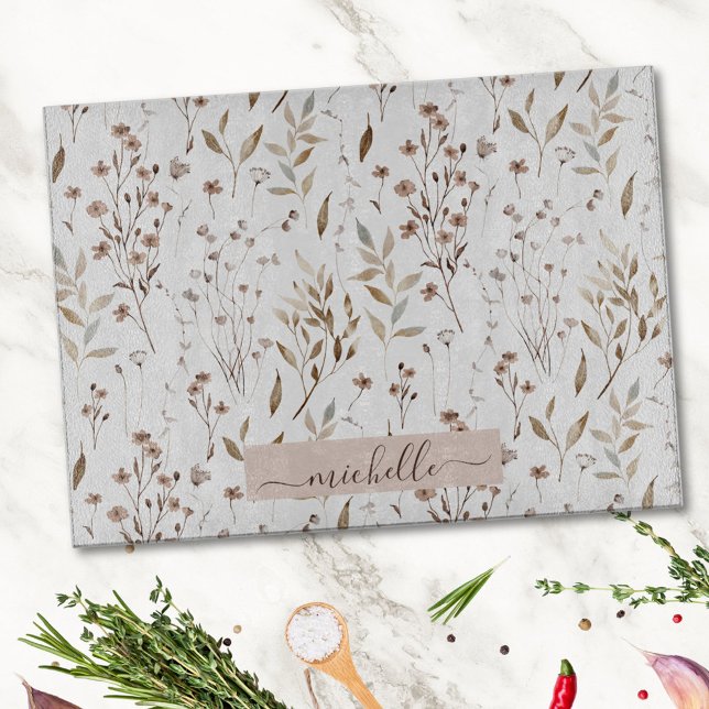 Planche À Découper Fleurs et feuilles délicates à l'aquarelle Monogra (In situ)