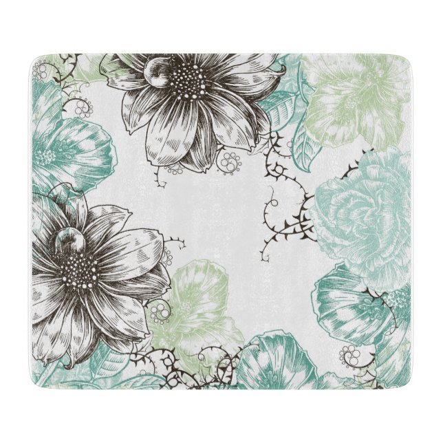 Planche À Découper Fleurs graphiques Vintages florales modernes Aqua  (Devant)