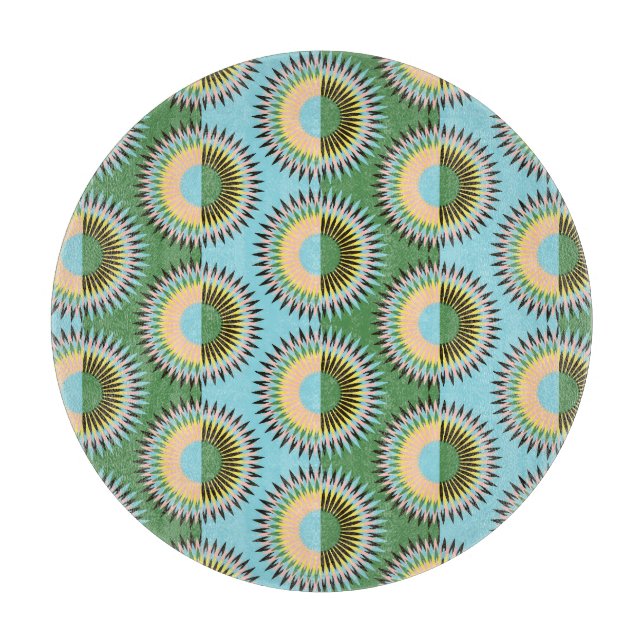 Planche À Découper Fleurs pliées : motif rétro bleu-vert. (Devant)