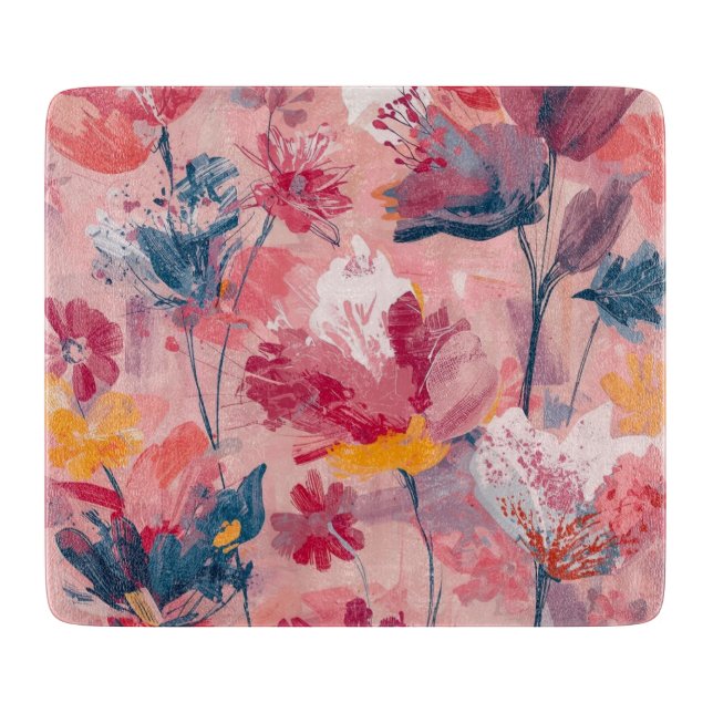 Planche À Découper Fleurs roses pinceaux peints motif botanique (Devant)