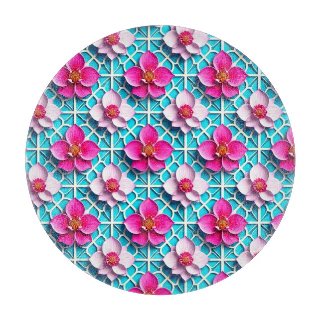Planche À Découper Fleurs roses sur fond bleu géométrique (Devant)