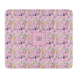 Planche À Découper Fleurs sauvages en aquarelle, rose. Monogramme