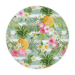 Planche À Découper Fleurs tropicales et ananas sur des bandes Turquoi