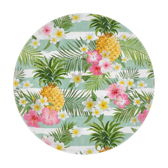 Planche À Découper Fleurs tropicales et ananas sur des bandes Turquoi (Devant)
