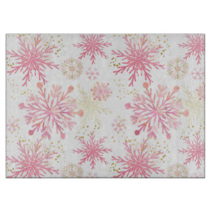 Planche À Découper Flocons de neige d'hiver à paillettes roses et or