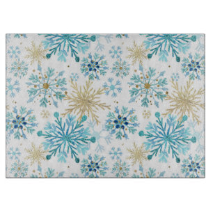 Planche À Découper Flocons de neige d'hiver en aquarelle bleue et pai