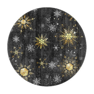 Planche À Découper Flocons de neige dorés de Noël sur fond noir